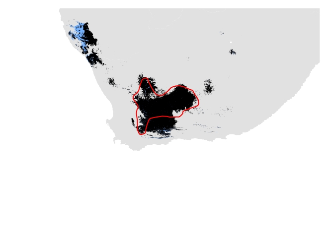 B. Current distribution using modern and past data. Potentially suitable climate and habitat shown in black (Range size = 152, 356 sq.km) and potentially suitable climate shown in blue (Range size= 165, 609 sq.km). IUCN polygon shown in red.