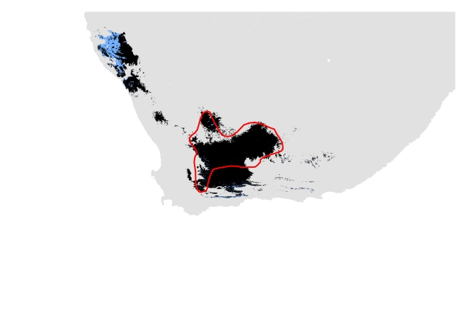 A. Current distribution using only modern data. Potentially suitable climate and habitat shown in black (Range size = 140, 071 sq.km) and potentially suitable climate shown in blue (Range size= 155, 437 sq.km). IUCN polygon shown in red.